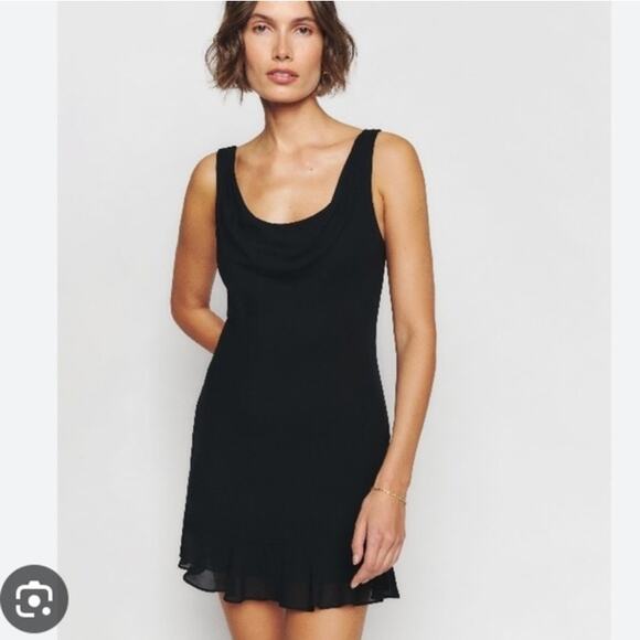 Reformation Rudie Black Sleeveless Cowl Neck Ruffle Hem Mini A-line Dress 10 - Picture 1 of 10